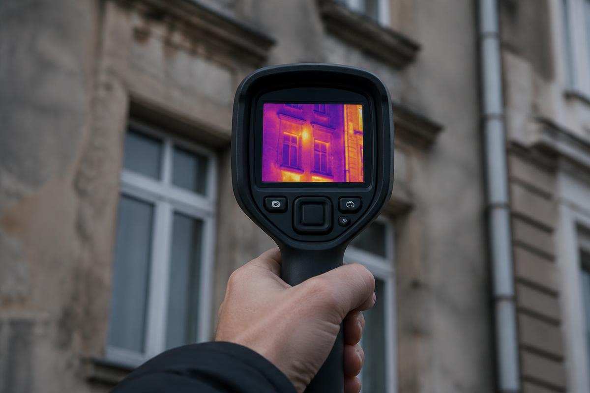 Caméra thermique utilisée lors d'un audit énergétique sur une façade d'immeuble