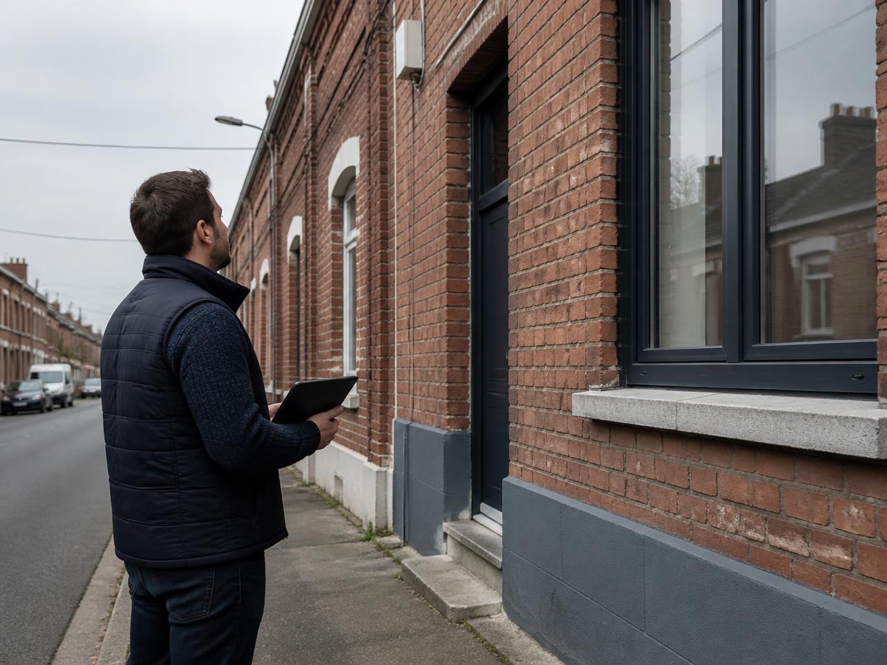 Technicien d'Audit Rénov Conseils relevant les caractéristiques d'une façade en brique dans la métropole lilloise