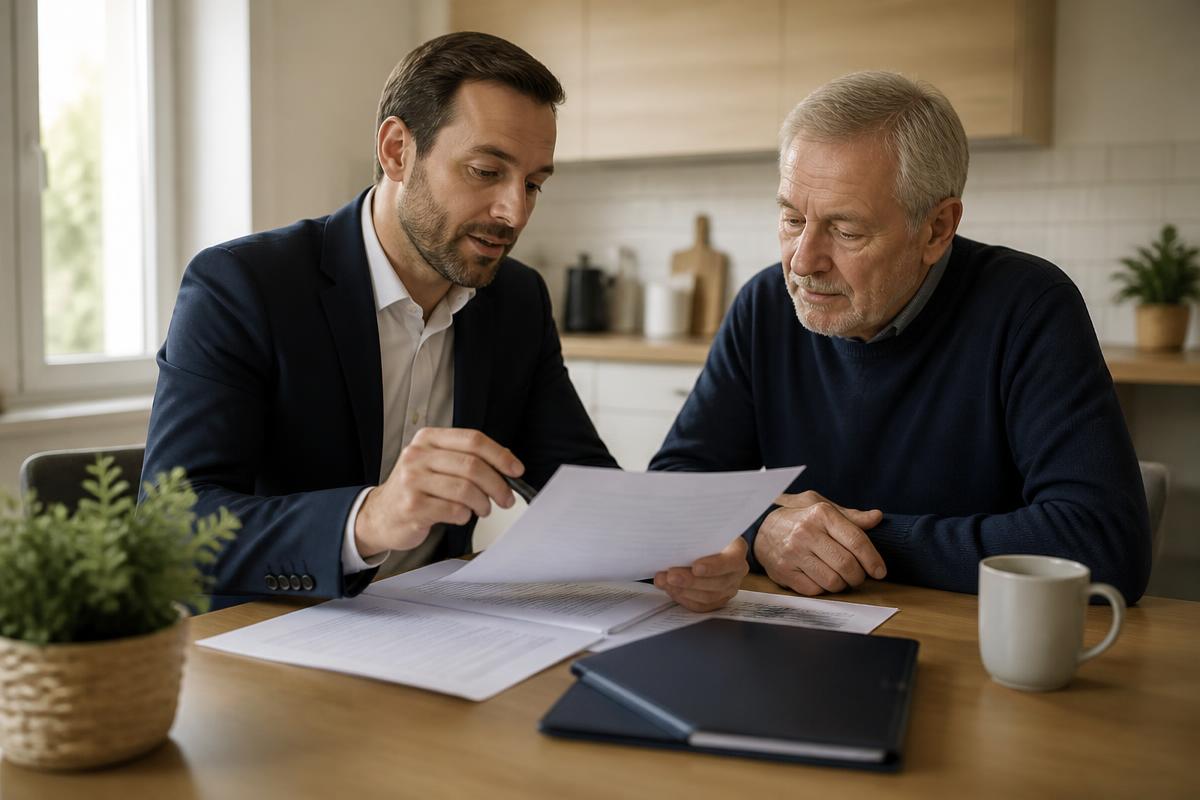 Conseiller expliquant un rapport d'audit énergétique à un propriétaire, autour d'une table